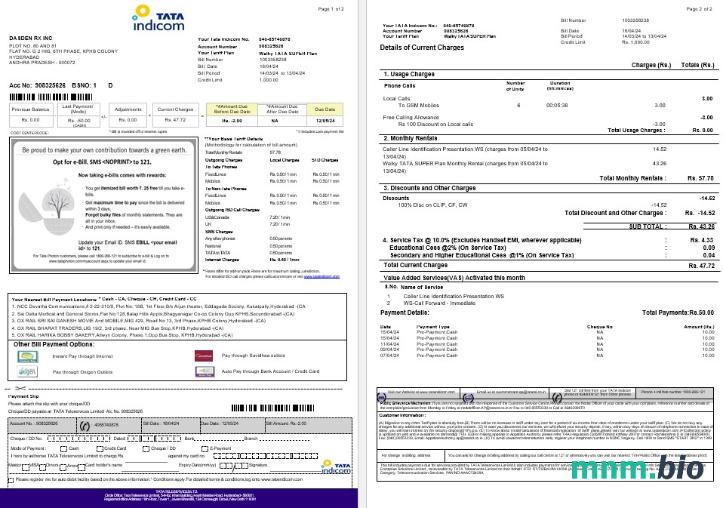 Indie Tata Indicom mobile Business utility bill szablon w formacie Word i PDF, 2 strony